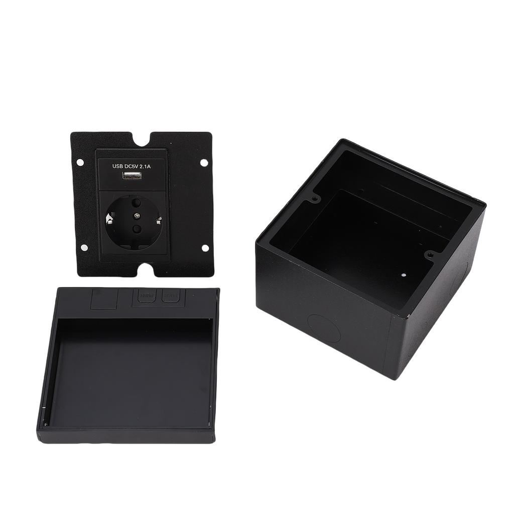 Recessed Floor Outlet Box Water Proof Stainless Steel Flat Kit with 2 Prong Hole USB Power Socket Black