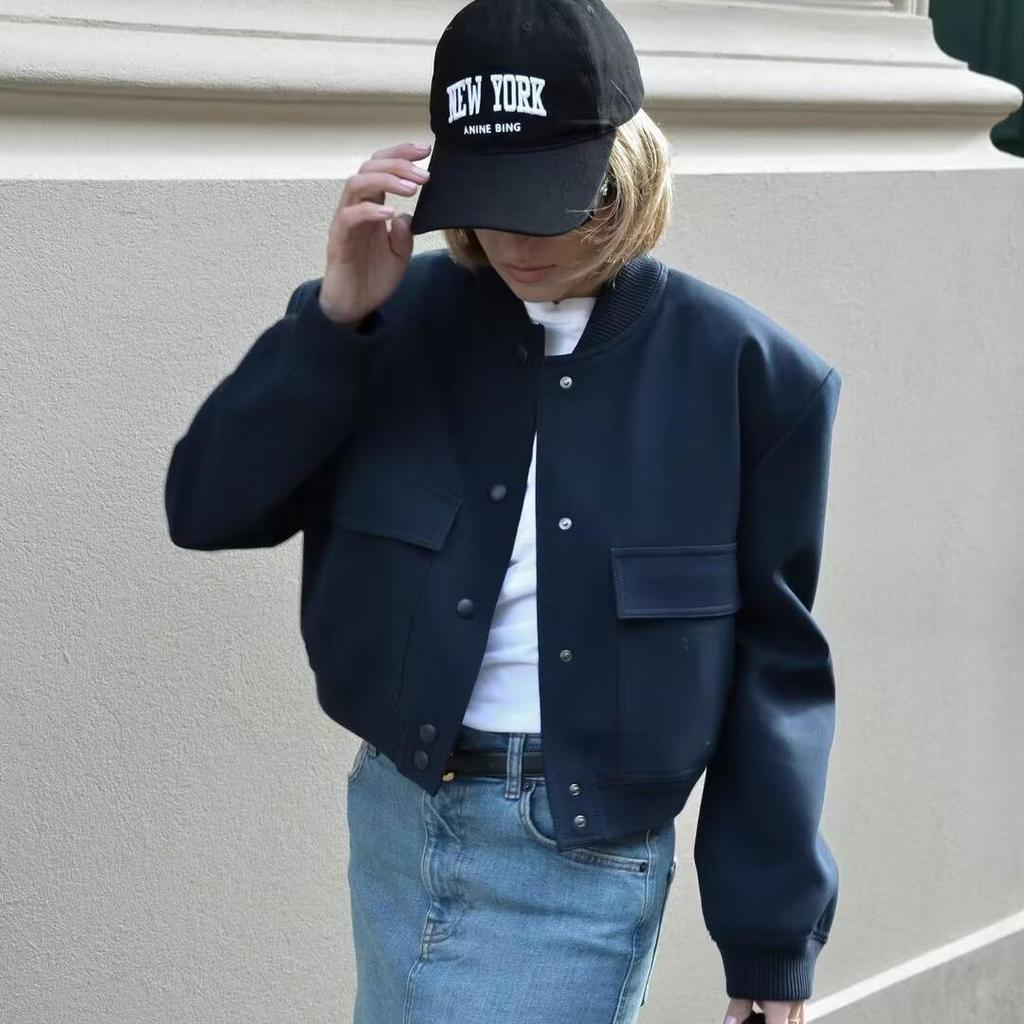 2024 Women's European & American Style Autumn Bomber Jacket with Large Pockets