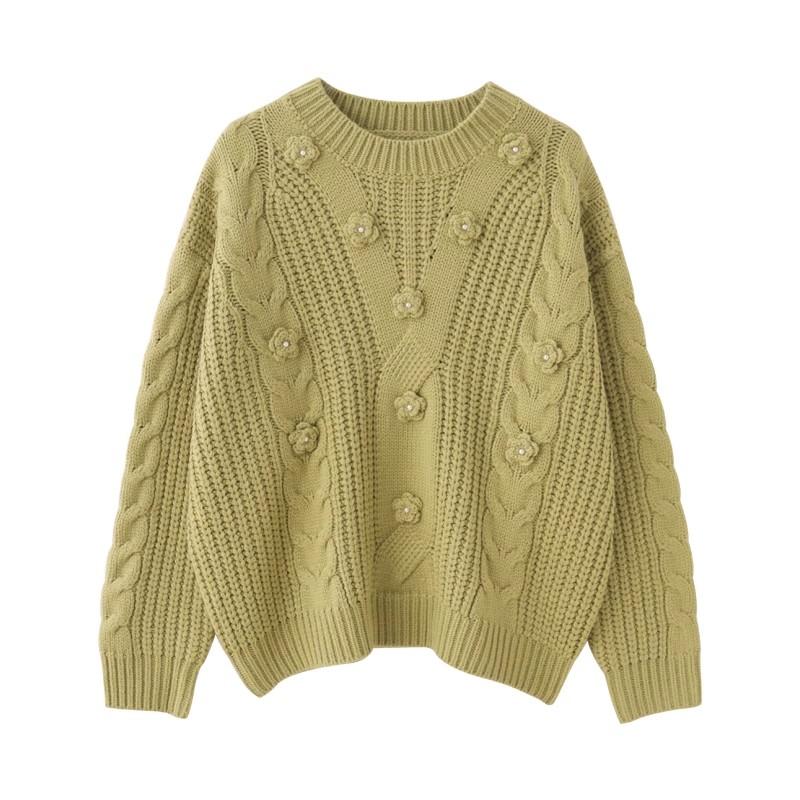 Женская мода с жемчужными цветочными аппликациями, свободный вязаный свитер, винтажный женский пуловер с круглым вырезом и длинным рукавом, шикарные топы C-163