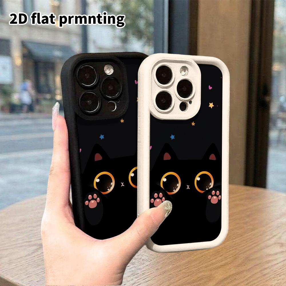 Phone case: 2D flat design suitable for iPhone 18 17 16 15 14 13 Pro step protection case, little black cat probe, Christmas and Halloween gift