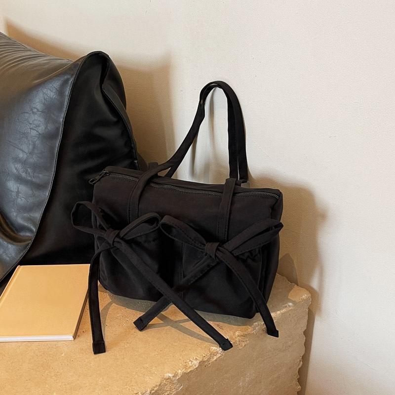Lightweight Casual Cotton Shoulder Bag Unique Fresh Bow Design Travel Underarm Bag Solid Color Large Capacity Women's Tote Bag