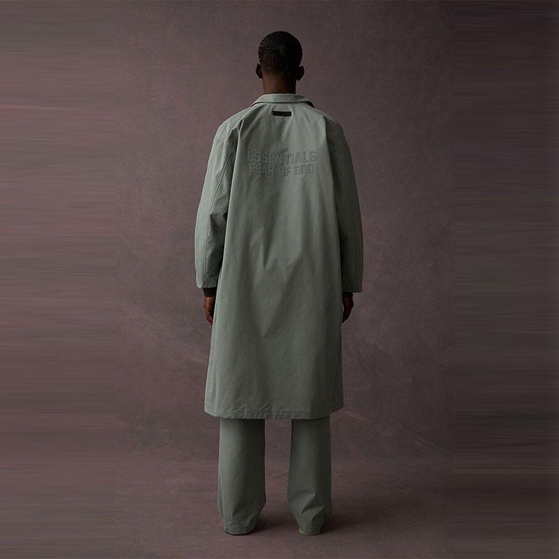 Fear of God Essentials Коллекция 2 Весна-Лето 23 Длинное Пальто Платан Однотонное На Пуговицах Длинный Американский Тяжелый Тренч Унисекс Пальто Туманно-Синий FOG-SS23-348