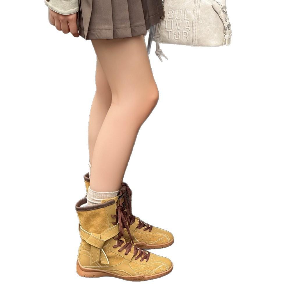 Ретро кожаные боксерские ботинки женские лето 2025 новые британский стиль ботинки мартин на толстой подошве немецкие тренировочные ботинки средней высоты