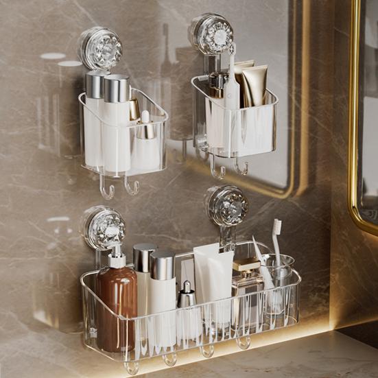 Угловой держатель для душа на присоске без сверления с крючком, прочный, выдерживающий нагрузку, простой в установке, съемная корзина для хранения вещей