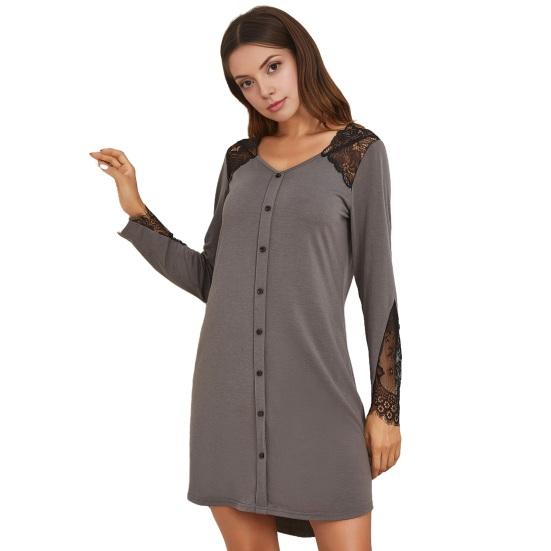 Ночные сорочки с длинным рукавом для женщин, ночные рубашки с V-образным вырезом и кружевной отделкой, мини-ночная сорочка на пуговицах с ложной планкой