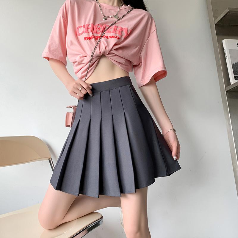 Summer Women's Half-body Skirt Pocket Solid Color Temperament Elegant Elastic Waist Pleated Skirt High-waisted Short Skirt