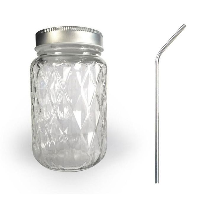 Mason Jar with 37.5 Cl Diamond Lid + 4 Stainless Steel Straws