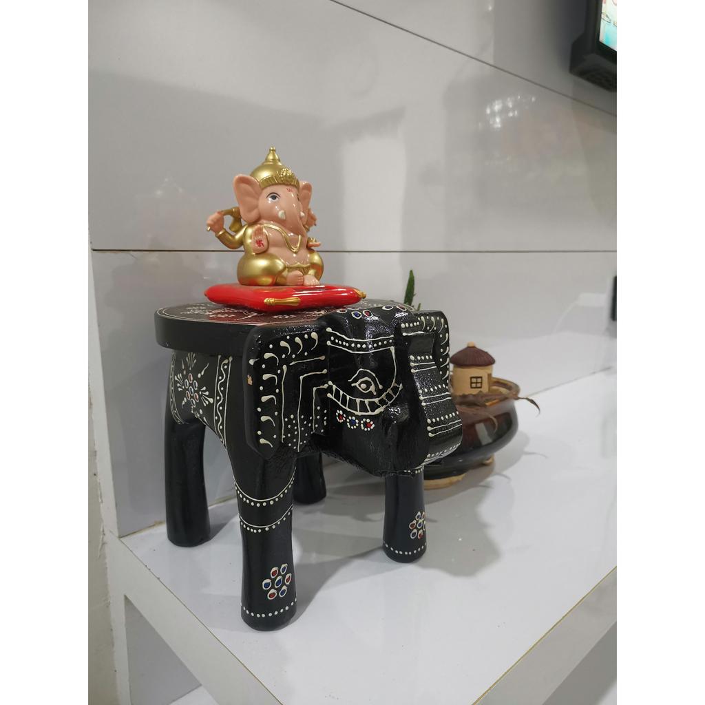 Wooden Painting Decorative Rajastani Painted Elephant Stool Home Decorative Items Showpiece(8 Inch) (Black)