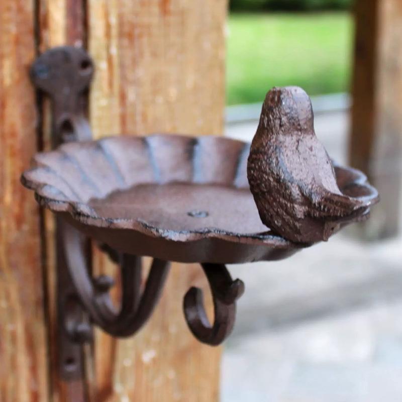 Cast Iron Bird Bath Feeder, Wall-Mounted Decorative Garden Bowl with Scrollwork, 8.7 X 9.4 Inches