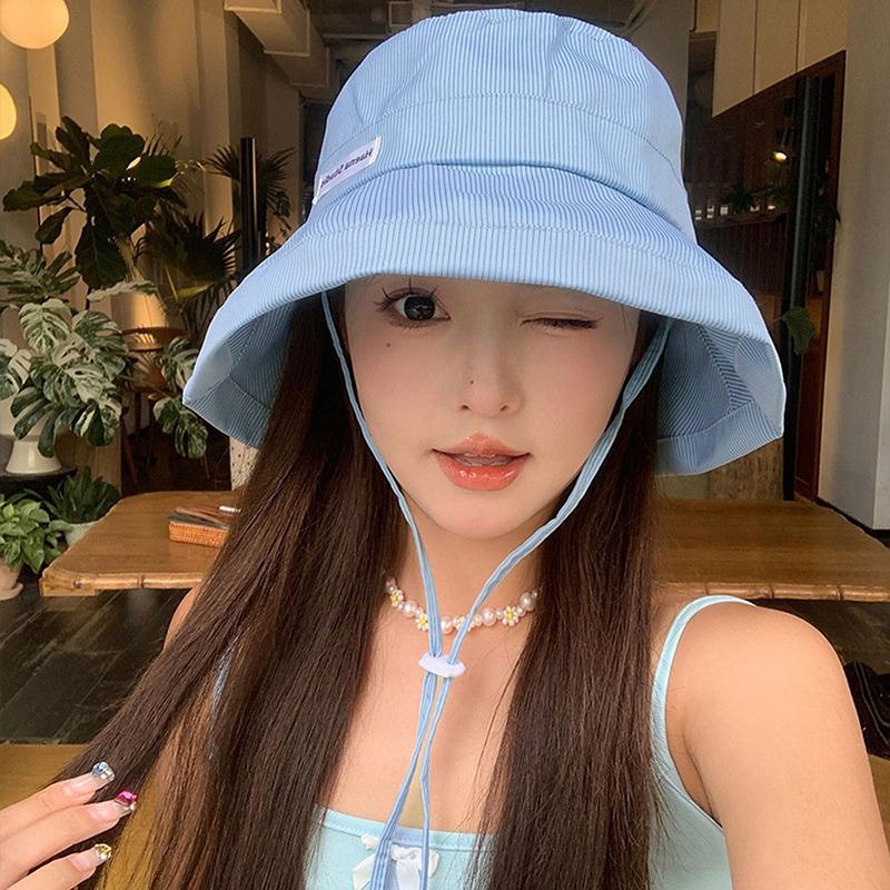 Korean Version Of Fresh Striped Bucket Hat Spring And Summer Thin Women'S Outdoor Sunshade Lace-Up Big Eaves Foldable Sun Cap