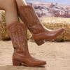 Винтажные вышитые высокие сапоги Женские осенне-зимние сапоги на толстом каблуке и среднем каблуке с острым носком в стиле вестерн ковбойские женские