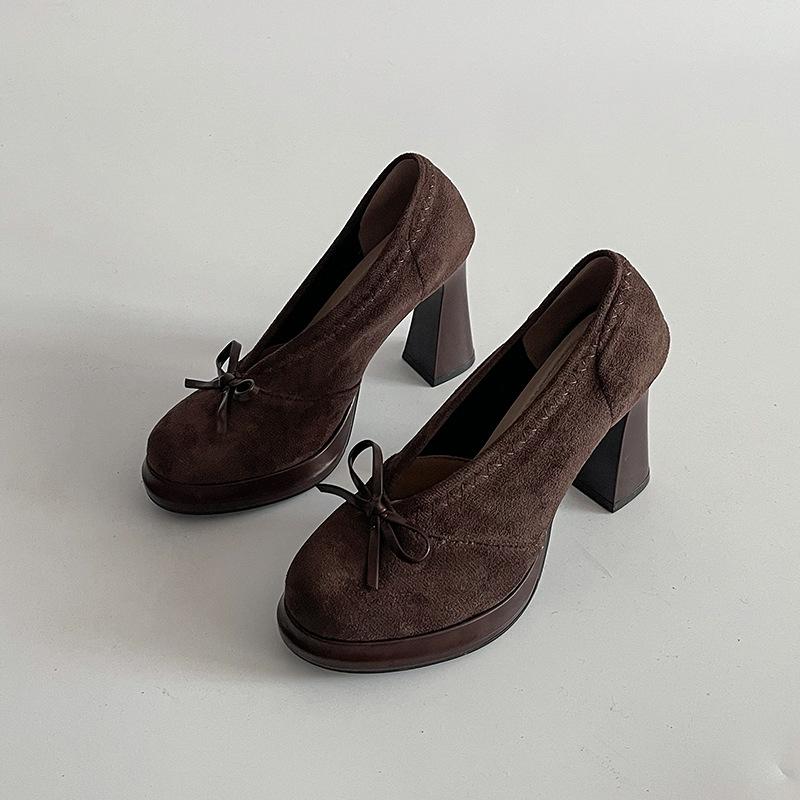 Французские ретро туфли на толстом каблуке с бантом, супер высокие каблуки, летний темперамент, замшевые, модные, с круглым носком, женские туфли Мэри Джейн