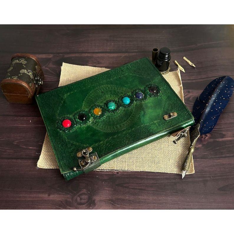 Кожаный журнал с семью камнями, ручная работа с тиснением, винтажный кожаный переплет, зеленый блокнот, альбом для рисования, дневник, лучший подарок для него