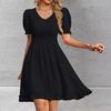 Женское летнее мини-платье с V-образным вырезом, короткими рукавами и свободным подолом, однотонное