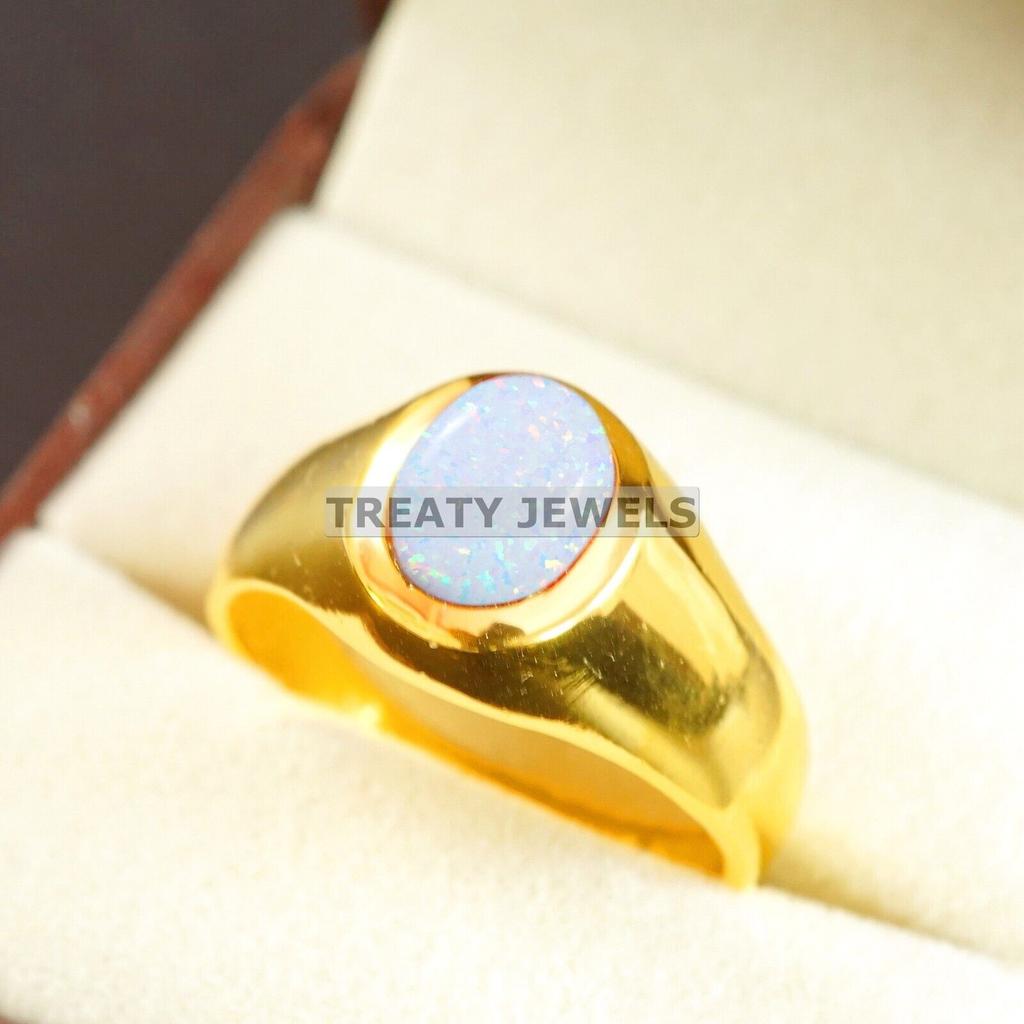 Opal Oval Cut With 925 Sterling Silver Gold Plated Ring For Men's #B366 JL375682065238