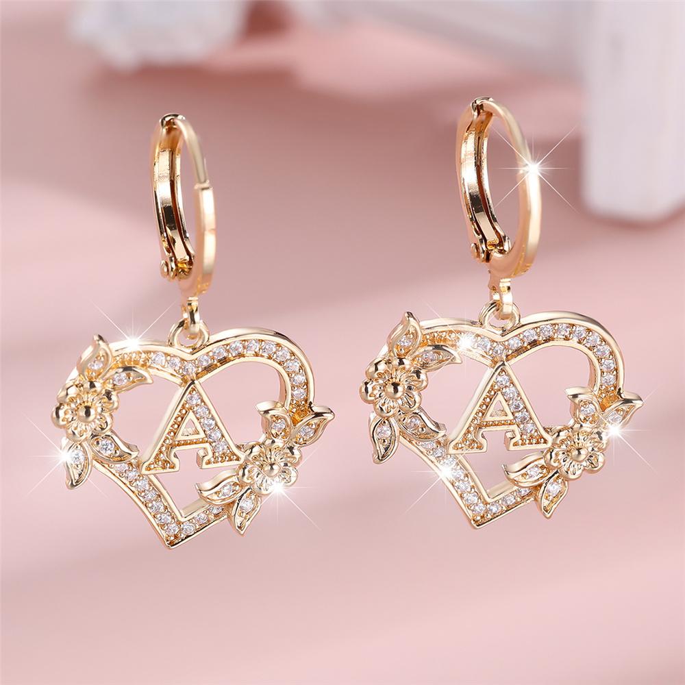 Female A-Z 26 Letter Heart Flower Hoop Earrings Yellow Gold White Zircon Wedding Jewelry For Women