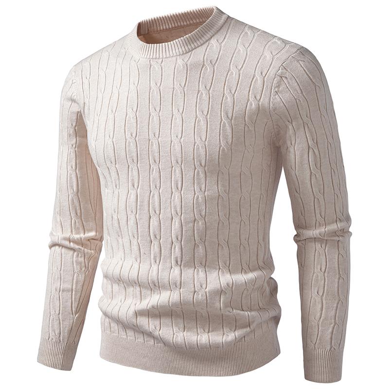 Men's Solid Color Round Neck Knitted Sweater Warm Casual Pullover with Fried Dough Twists for Spring Autumn