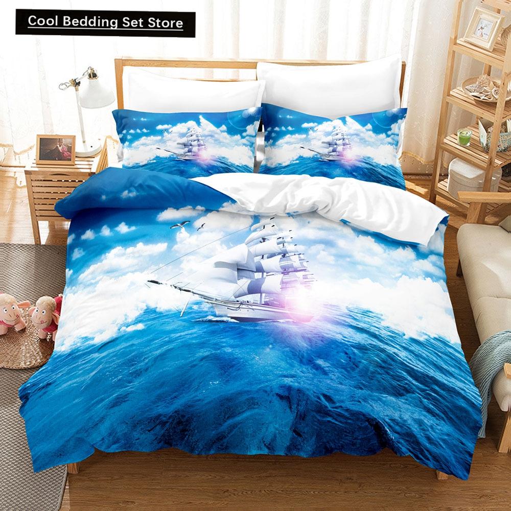 Vintage Sailboat King Queen Duvet Cover Nautical Ocean Bedding Set for Teens Adults Ship Fire Black 2/3pcs Polyester Quilt Cover