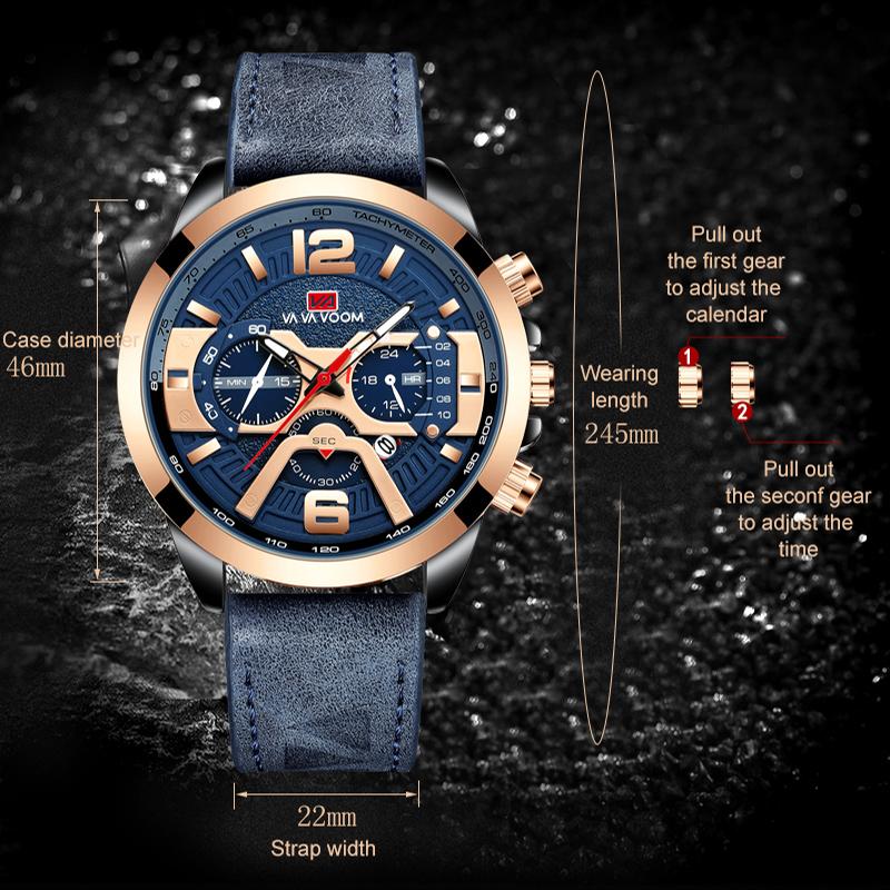VA VA VOOM Повседневные спортивные кварцевые часы для мужчин, синие лучшие бренды, роскошные военные кожаные наручные часы, мужские часы, модные наручные часы с хронографом