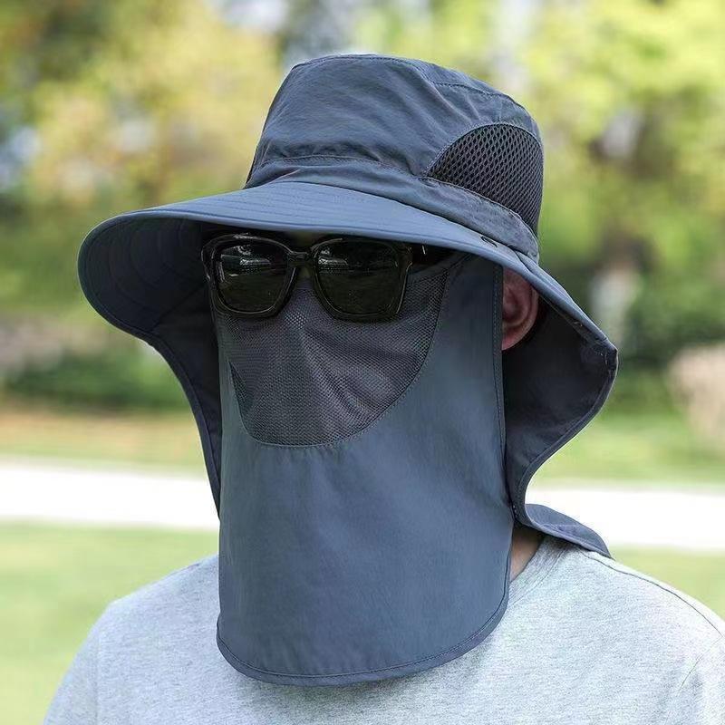 Big Wide Brim Visor Hat Men Women Sunshade Fishing Sun Cap with Sunscreen Face Mask for Outdoor Work Jungle Safari Neck Protect