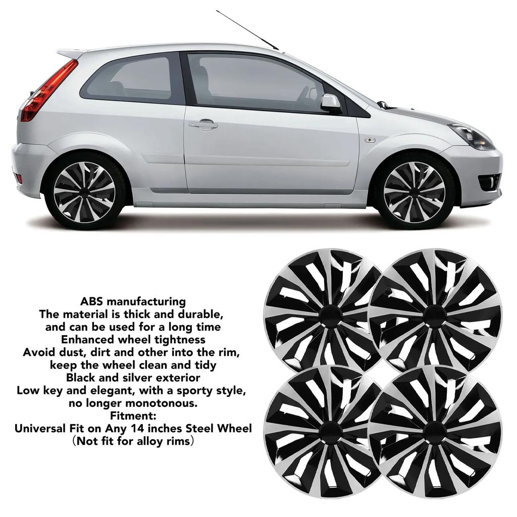 Универсальные колпаки 4 шт. 14 дюймов Набор колпаков для колес для Ford Fiesta/Peugeot 205/Clio/Seat Ibiza/Felicia Черный и серебристый