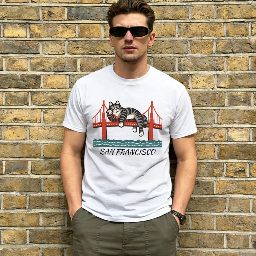 Ryan Gosling Cat San Francisco 100 Cotton T-Shirt For Man Summer Street Style T-Shirts Crewneck Leisure Tees Casual Tops