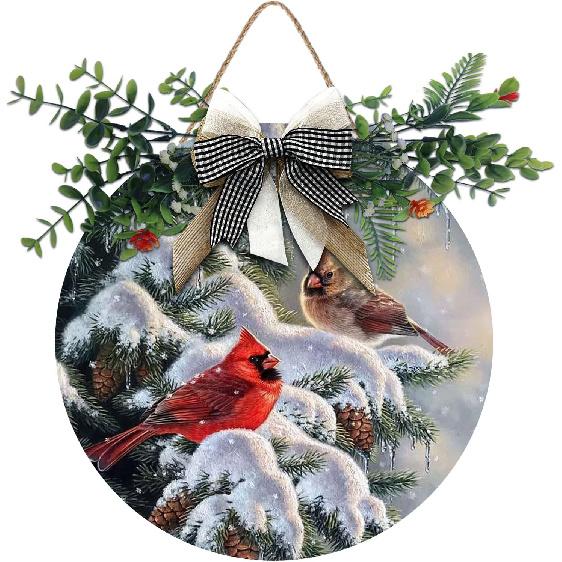 Aowotu Зимние венки на дверь с красными птицами для входной двери снаружи, круглые подвесные таблички с веткой кардинала для домашнего декора, праздничного крыльца, стены, фермерского дома, для использования в помещении