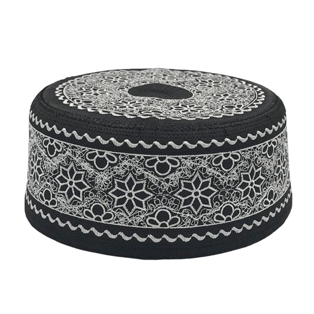 Embroidered Design Prayer Hat Black with White Embroidery Pattern Traditional Kufi Cap  For Prayers
