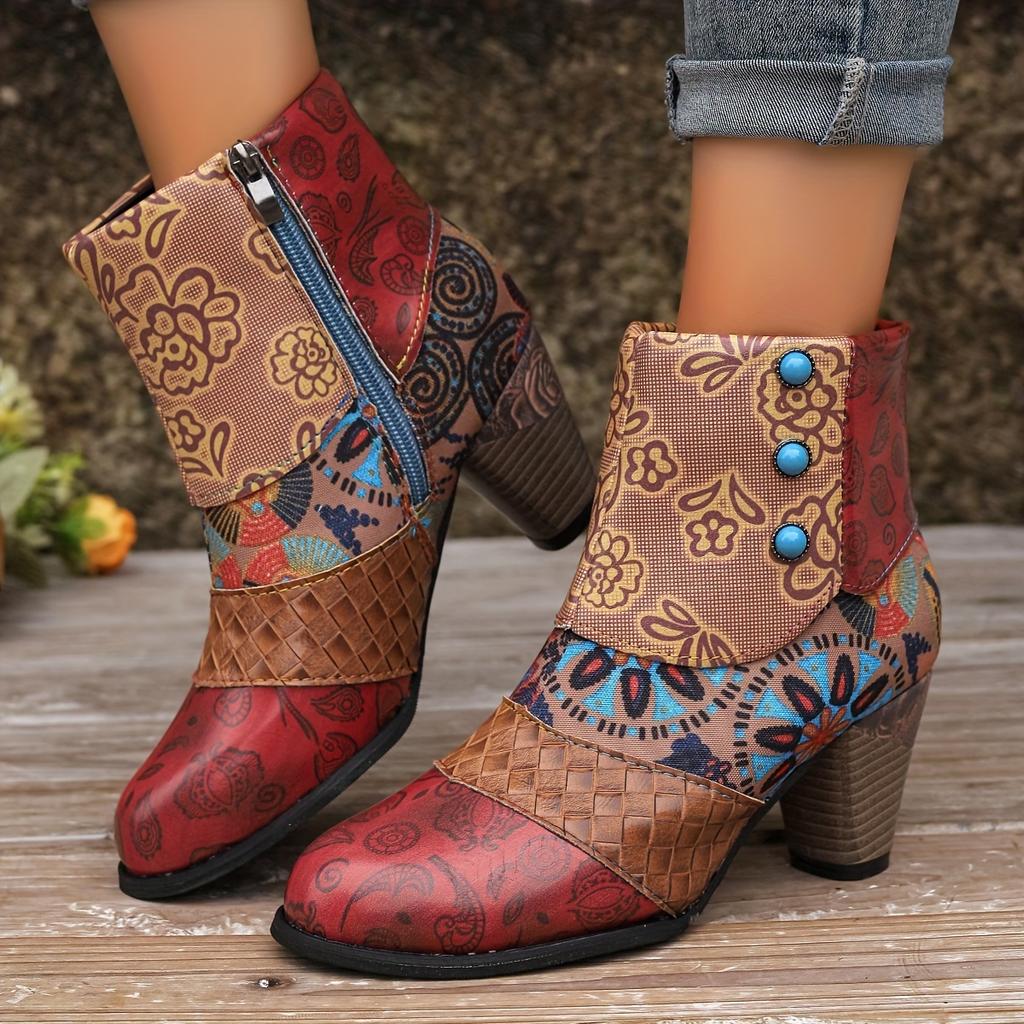 Women's Floral Pattern Boots, Side Zipper Casual Chunky Heel Ankle Boots, Versatile Round Toe Boots