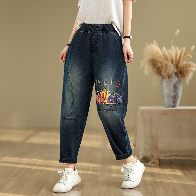 Большие размеры Тонкие Винтажные вышитые высокие талии Повседневные свободные Женские джинсы лето осень деним Шаровары