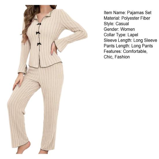 Women's Pajama Set Long Sleeve Top And Wide Leg Long Pants Lounge Set Casual Slim 2 Piece Pjs Sleepwear