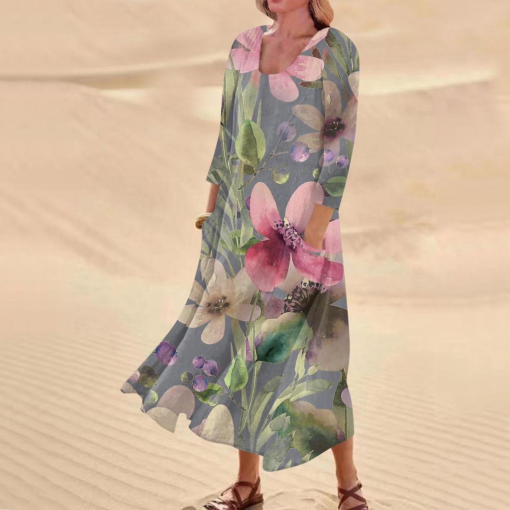 Женское повседневное удобное хлопковое карманное платье с цветочным принтом и рукавами три четверти