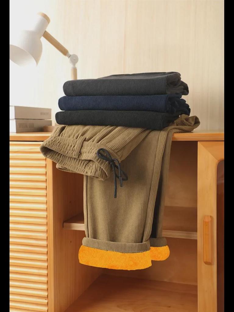 Вельветовые мужские брюки-стрейч с высокой талией: Плотные, свободные, прямые брюки на осень/зиму