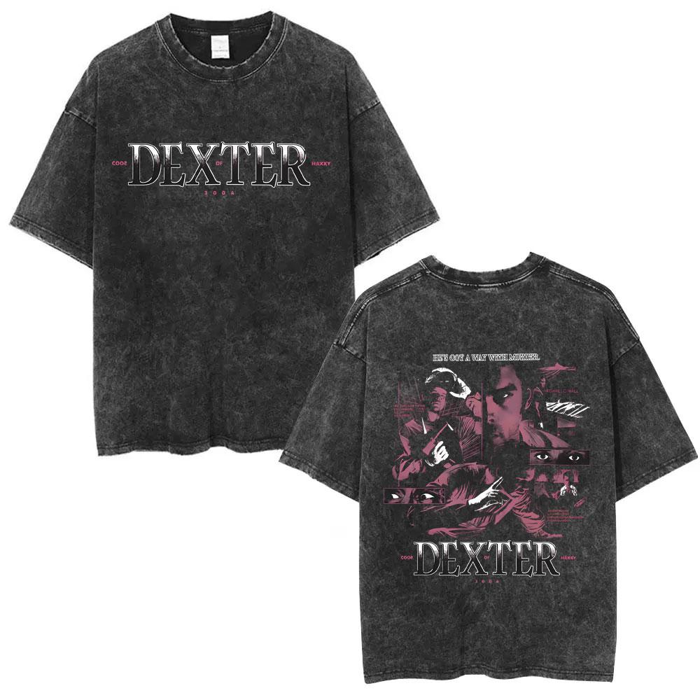 Washed Vintage TV Play Dexter Morgan Face Graphic Tshirt Men Women Casual Cotton Oversized T Shirt Male Classic Gothic Tshirts