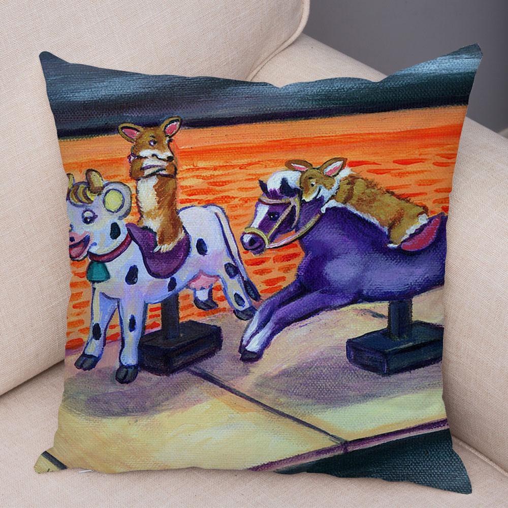 Welsh Corgi Pembroke Soft Plush Cushion Cover for Sofa Children Room Decor Cartoon Animal Pillowcase Oil Painting Pillow Case