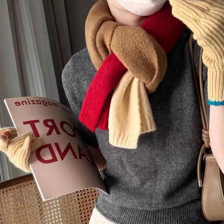 New Winter Three Color Contrasting Scarf for Women Woolen Knitted Warm Shawl Trendy Universal Scarf for Men Versatile
