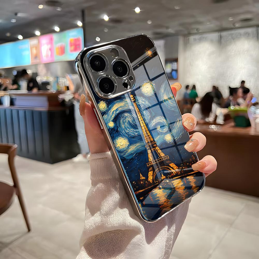 Чехол для телефона Эйфелева башня для iPhone 17 Pro Max 15 Pro 16 14 Plus 12 13 Mini 11 Pro Ударопрочный Электрооplated Стеклянная крышка