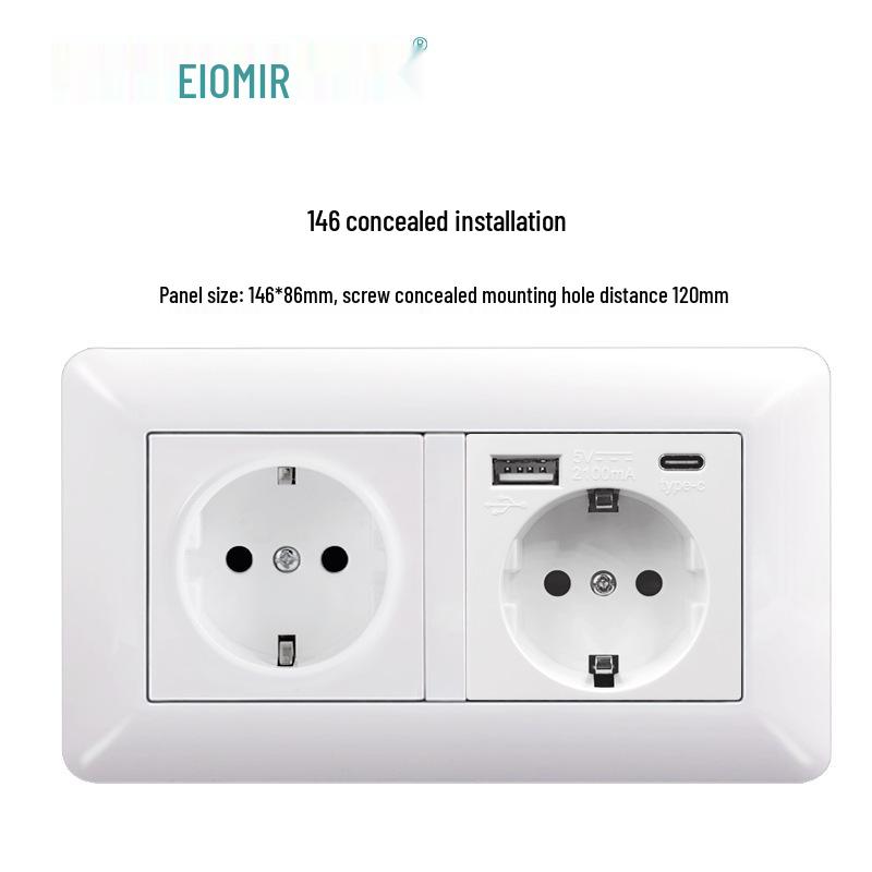 Изогнутая белая панель розетки европейского стандарта с двойным USB и Type C, немецкий выключатель, скрытая установка