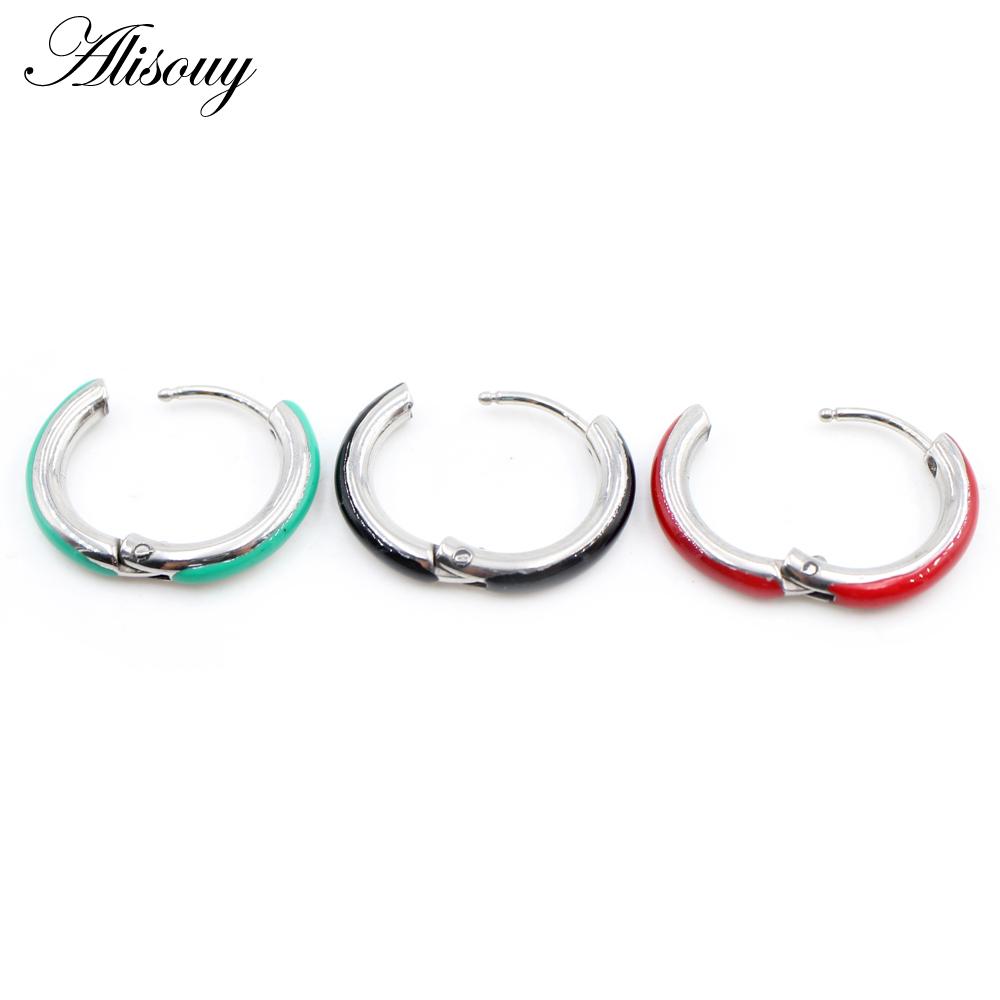 Alisouy 2PCS Punk Rock Hiphop Stainless Steel Enamel Circle Round Ear Helix Clip Huggie Buckle Women Men Unisex Hoop Earrings