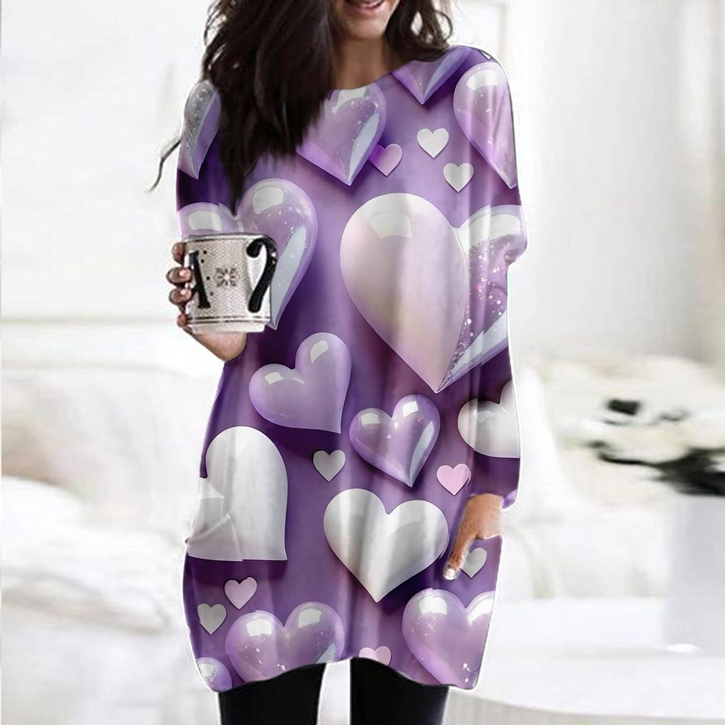 Женский модный повседневный топ с длинным рукавом и круглым вырезом ко Дню святого Валентина с принтом в виде сердца