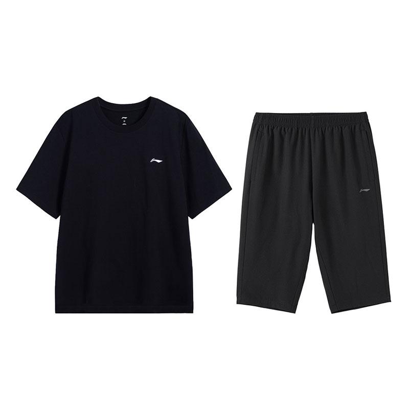 Li-Ning Летняя Универсальная Футболка с Коротким Рукавом, Приятная для Кожи, Удобная, Повседневная, Спортивный Комплект из Трехчетвертных Брюк, Мужские Комплекты, Черный WB61-1+W025-1