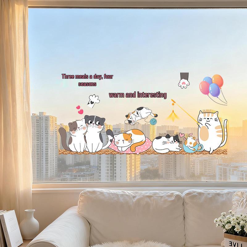Милая Кошка Статичная Наклейка на Стекло - Без Клея, Цельный Лист для Раздвижных Дверей и Окон