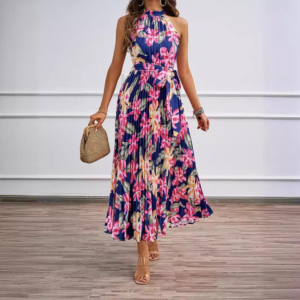 Женское шифоновое длинное платье с цветочным принтом во французском стиле, эластичные платья трапециевидной формы с короткими рукавами, летнее пляжное платье с богемным принтом
