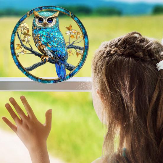 Owl Ornament Stained Glass Blue Green Sun Catcher Enchanting Birds
