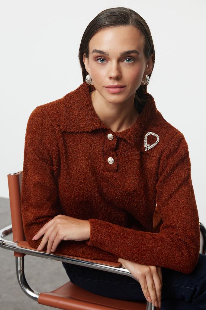 Women's Elegance Style Sweater Stone Soft Textured Bronze Detailed Knitwear Sweater