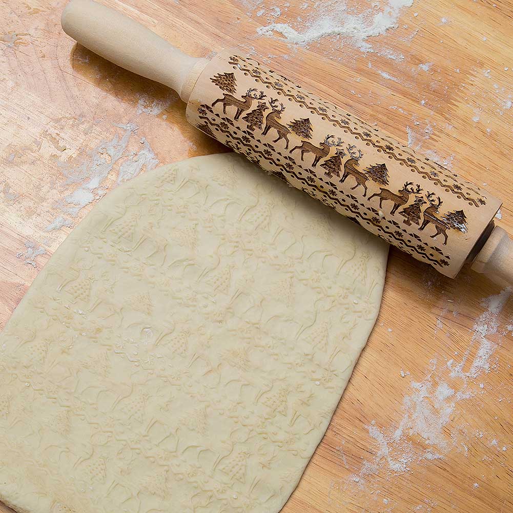 Christmas Rolling Pin Engraved Carved Wood Embossed Rolling Pin Kitchen Tool