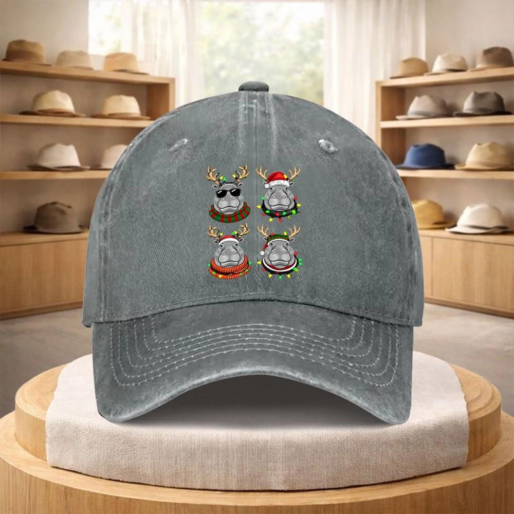 Hippo Reindeer Christmas Light Print Washed Denim Baseball Cap Adjustable Streetwear Hat