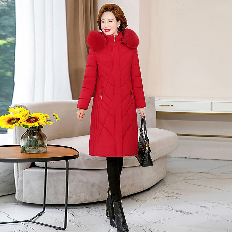 Middle-aged and Elderly Plus-size Women's Cotton-padded Jacket 200 Kg Mother's Winter Clothes Long Over-the-knee Loose Padded Coat.