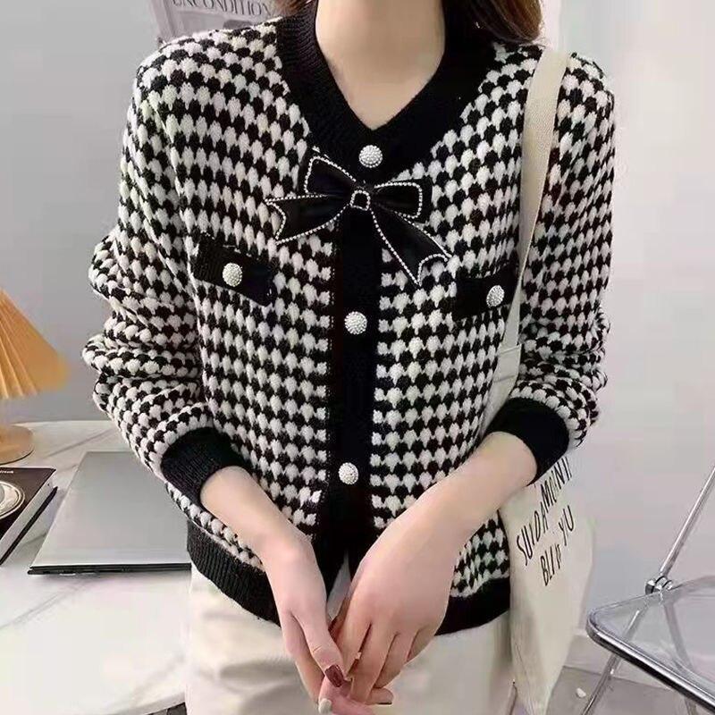 Cardigan Spring and Autumn 2022 Long Sleeve Wear Loose Sweaters Knitting Bottomed Bow Fragrant Cardigan Female Coat