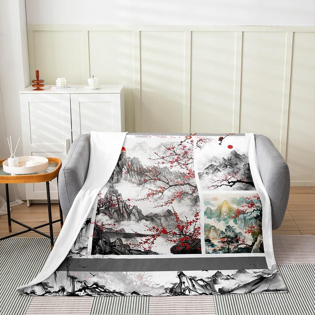Feelyou Koi Fish Fleece Throw Blanket x Japanese Wave Cherry Blossoms Ocean Plaid Flannel Plush Fuzzy for Bed Couch Chair Living